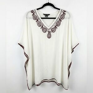 Double Decker White Rayon Kaftan Tunic Top Embroidered V-Neck Boho Beach Coverup